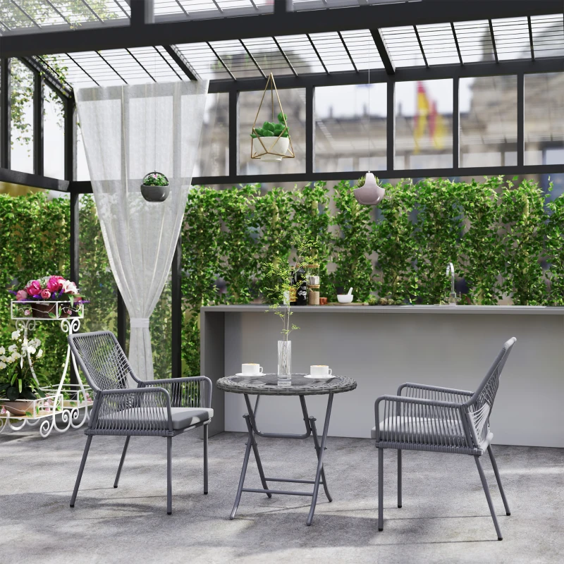 Outsunny 2er-Set Gartenstühle, Terrassenstühle, waschbare Kissen, Rückenlehne, Armlehnen, Stahl, Rattan, Dunkelgrau