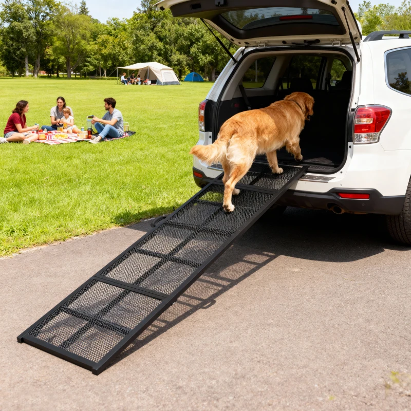PawHut Klappbare Hunderrampe aus Stahl, Hundetreppe mit rutschfester Oberfläche, Tragkraft 180 kg, 191 x 50 x 4 cm, Schwarz