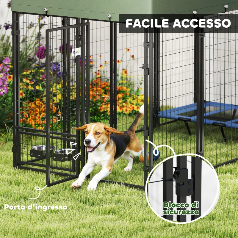 PawHut Recinto per Cani da Esterno in Acciaio con 2 Ciotole Girevoli e Tetto in Tessuto Oxford, 244x122x183 cm, Verde
