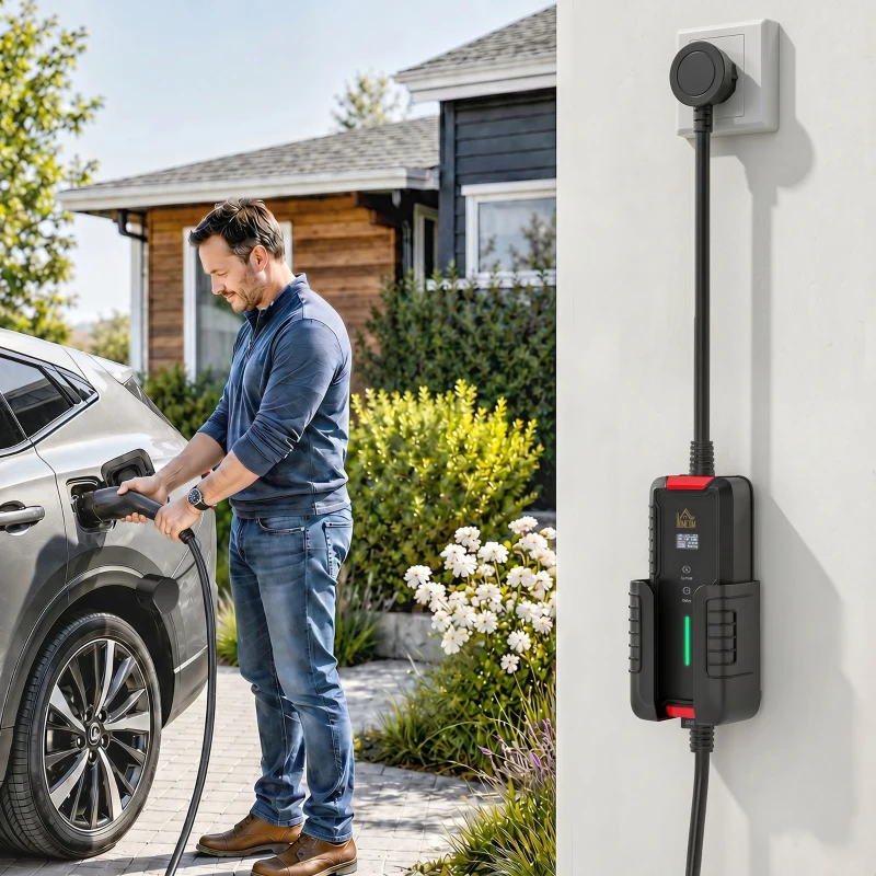 HOMCOM Cable de Carga Coche Eléctrico Tipo 2 3,7kW 5m 6-16A Temporizador 1-12h Enchufe Schuko Pantalla LCD IP65 de Pared Bolsa