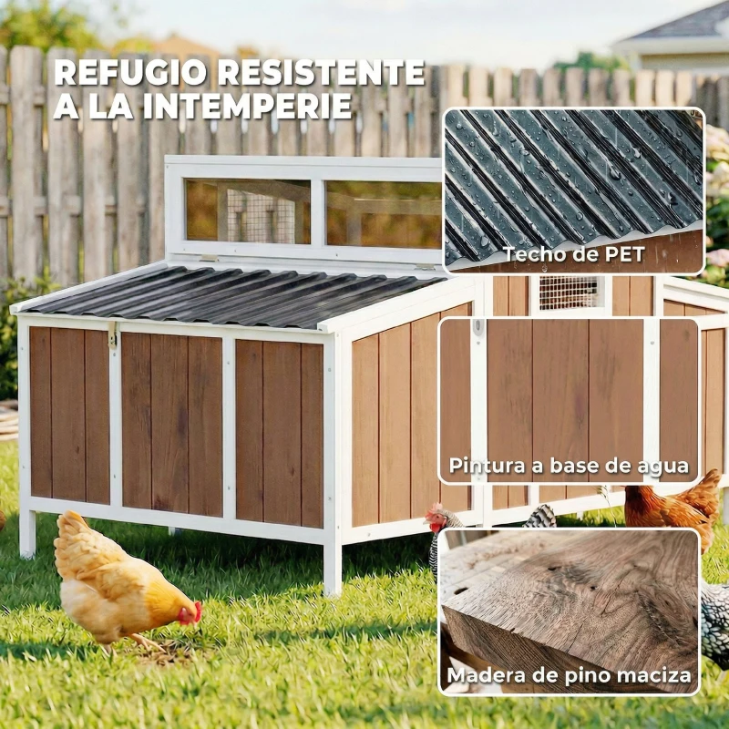 PawHut Gallinero para Exterior de Madera 145x90x92 cm para 2-4 Gallinas con Nido Casa Lateral Bandeja Extraíble Marrón Claro
