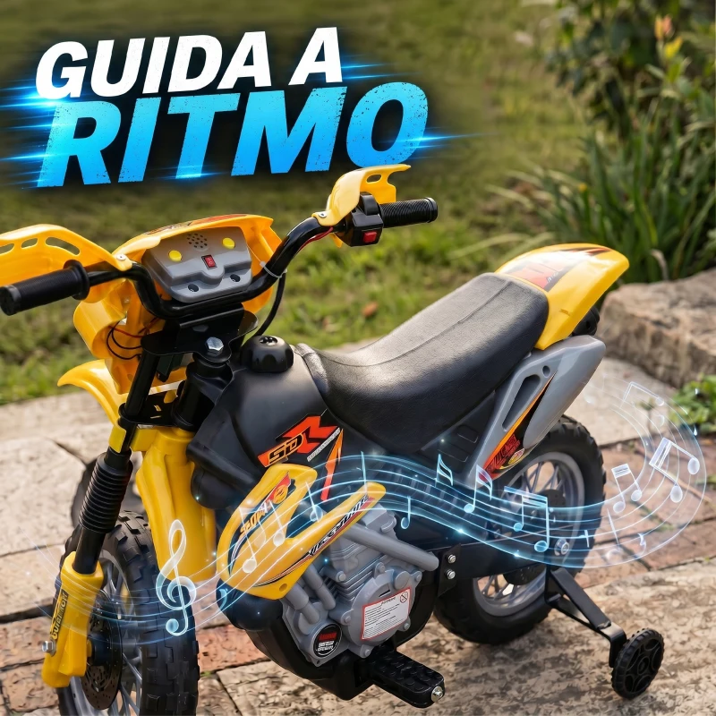 HOMCOM Moto Elettrica per Bambini 3 anni e Più, Moto Cross Elettrica con Rotelle, Batteria 6V Velocità 2.5km/h, 102 x 58 x 66cm, Giallo