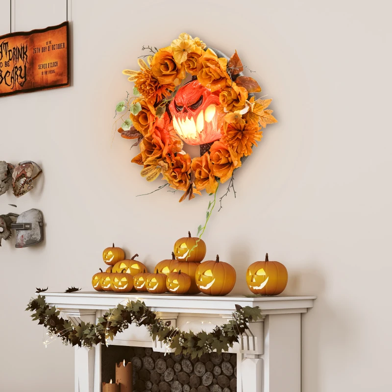 Outsunny Halloween-Kranz, Grusel-Kürbis-Design, Herbstblätter, Lichteffekte, Kunststoff