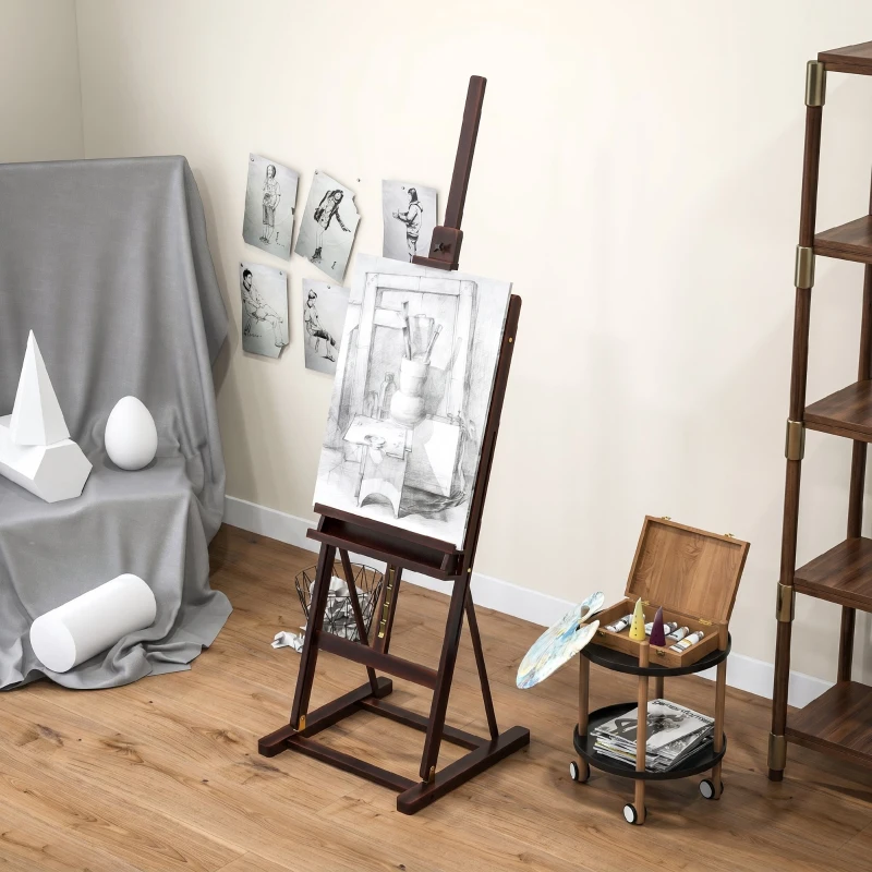 HOMCOM Caballete de Pintura 230 cm con Altura y Ángulo Ajustables Almacenamiento para Adultos Artistas Pintor Marrón