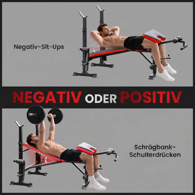 HOMCOM Hantelbank ohne Gewichte, verstellbare Fitnessbank für zahlreiche Übungen,  Workout-Station, Stahl, Kunststoff, Schwarz+Rot(m-6)