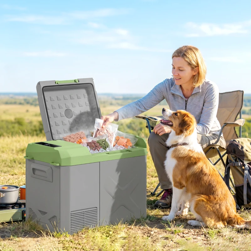 Outsunny 24,2 liter campingkoelkast, autokoelkast, koelbox met LED-licht, AC- en DC-adapter, stille werking, Grijs+Groen