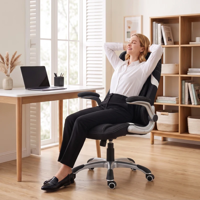 Vinsetto Chaise de Bureau Ergonomique en Tissu Effet Lin avec Support Lombaire, Hauteur Réglable, Bascule, Noir