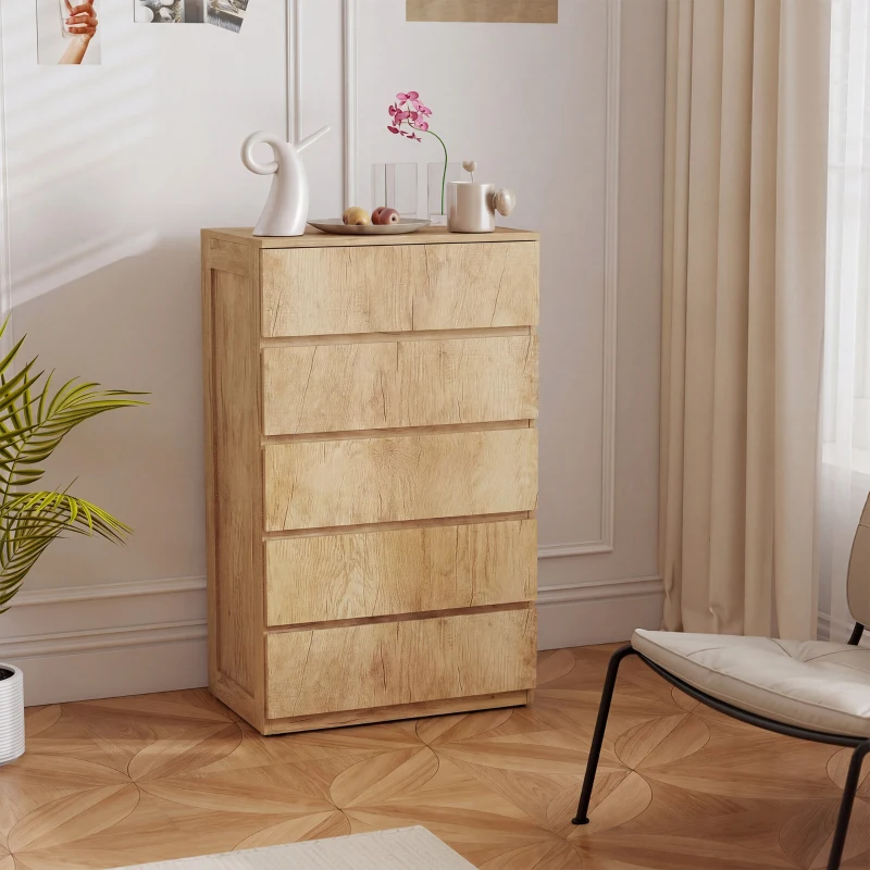 HOMCOM Cómoda 5 Cajones para Dormitorio Moderna Diseño sin Tiradores para Comedor Entrada 60x39x100 cm Madera Natural