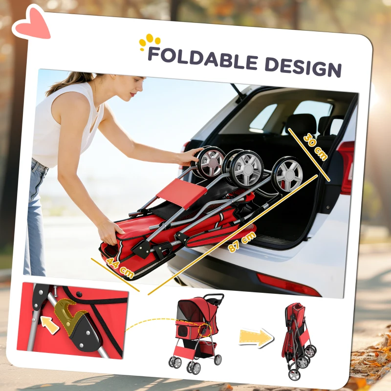 PawHut Dog Pram, Pet Stroller with Reflective Strips, Foldable Cat Stroller with 360° Swivel Wheels, Red