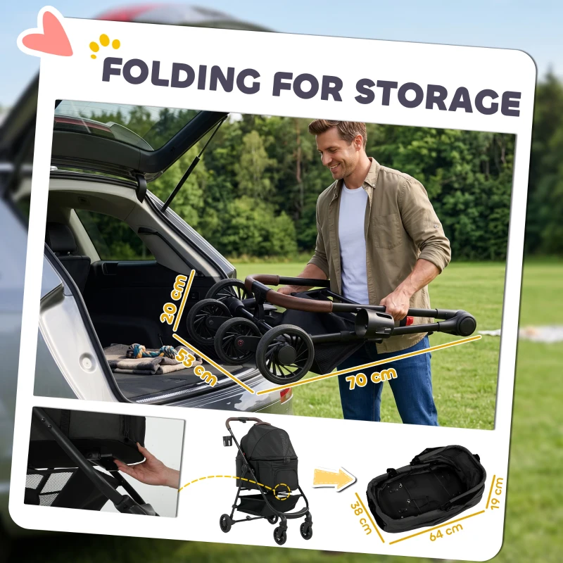 PawHut Dog Stroller, 3 in 1 Foldable Pet Stroller for Small Puppy Cat with Detachable Travel Carrier, Storage Basket, Black