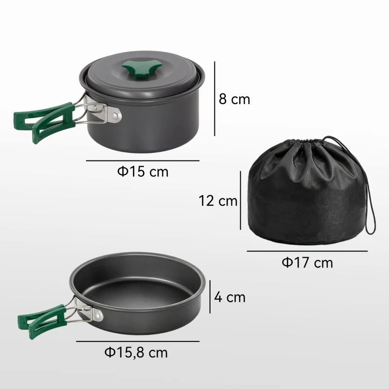 Outsunny Camping Kookset 8-delige Outdoor Servies Set met Anti-verbrandingsgrepen, snel verwarmende pan, koekenpan Grijs