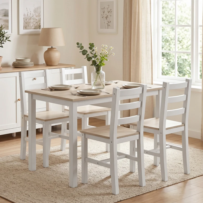 HOMCOM Conjunto de comedor de 5 piezas para 4 personas, mesa y sillas de estilo rústico de madera maciza, Natural/Blanco