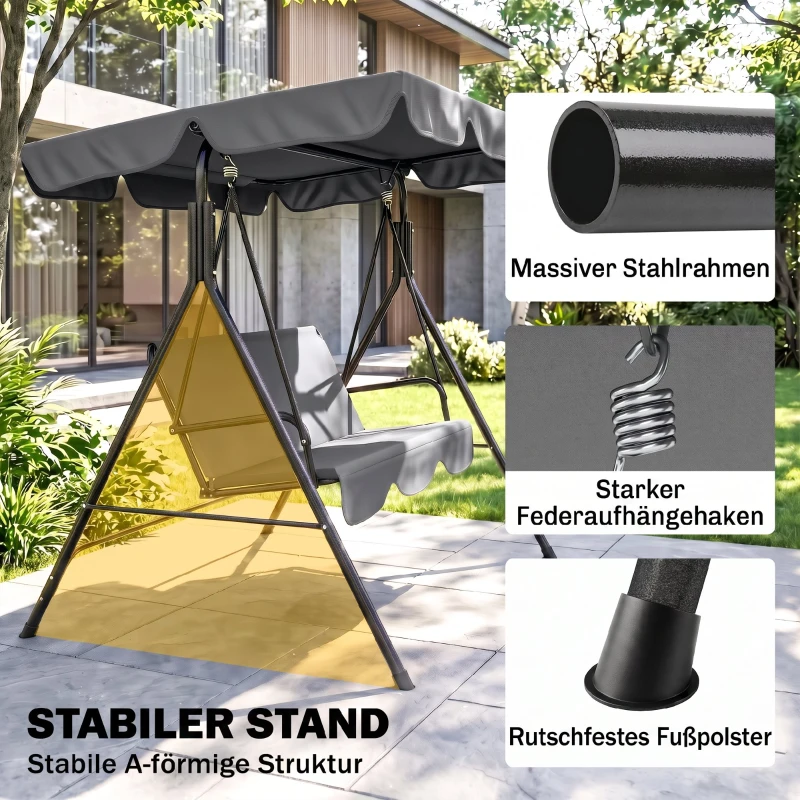 Outsunny Hollywoodschommel, Tuinschommel, 3-zits Schommelbank met Dak, Staal, 172 x 110 x 153 cm, Grijs