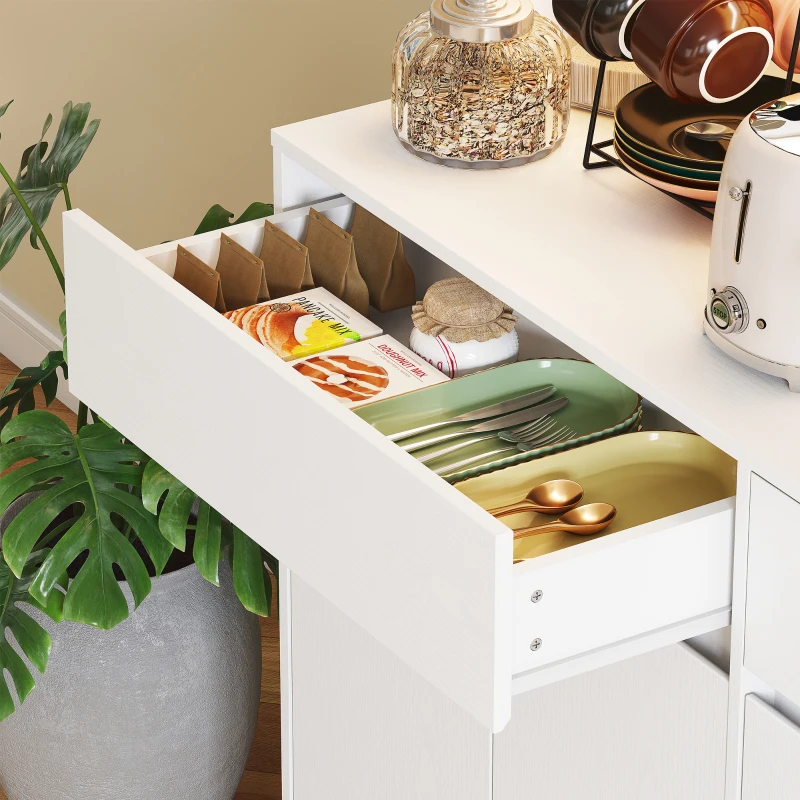 HOMCOM Buffet cuisine meuble cuisine rangement haut avec lumière LED RGB, plan de travail, 6 portes, 2 tiroirs, blanc