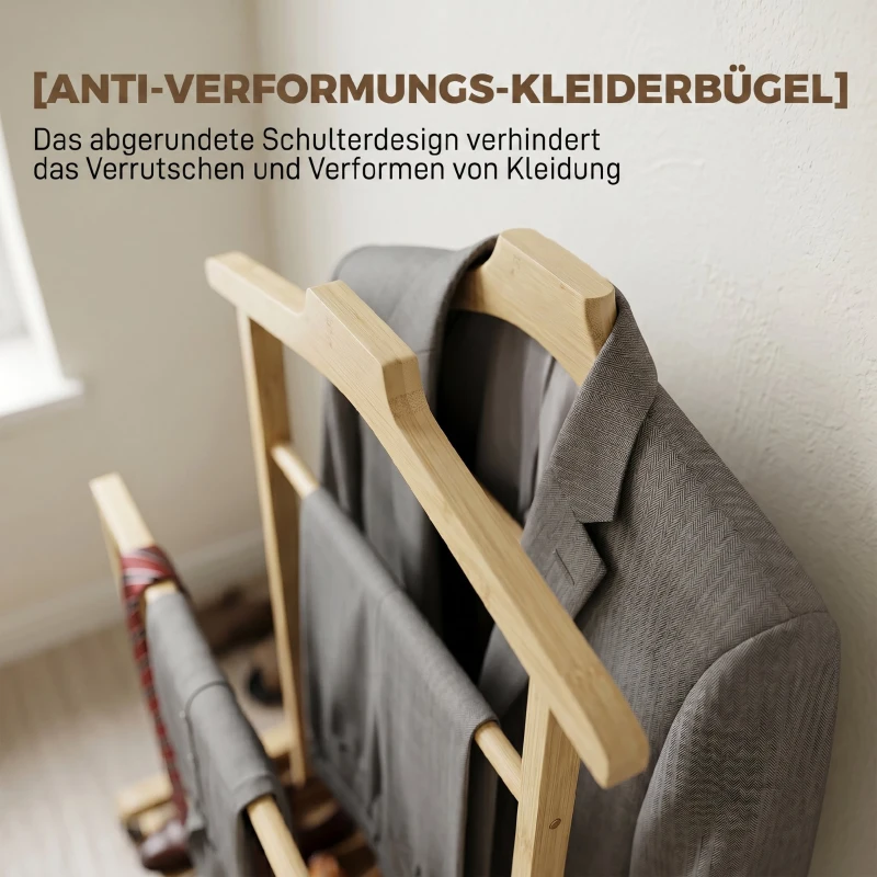 HOMCOM Bambus-Kleiderständer auf Rollen, kompakt, mit Bügeln, Hängestangen, Ablage und unterem Regal, Eichenoptik