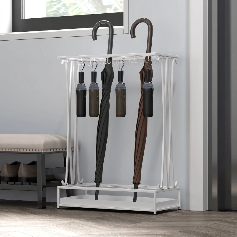 HOMCOM Paraplubak met Uitneembare Lekbak, 21 Openingen & 24 Haken, Staal – Wit