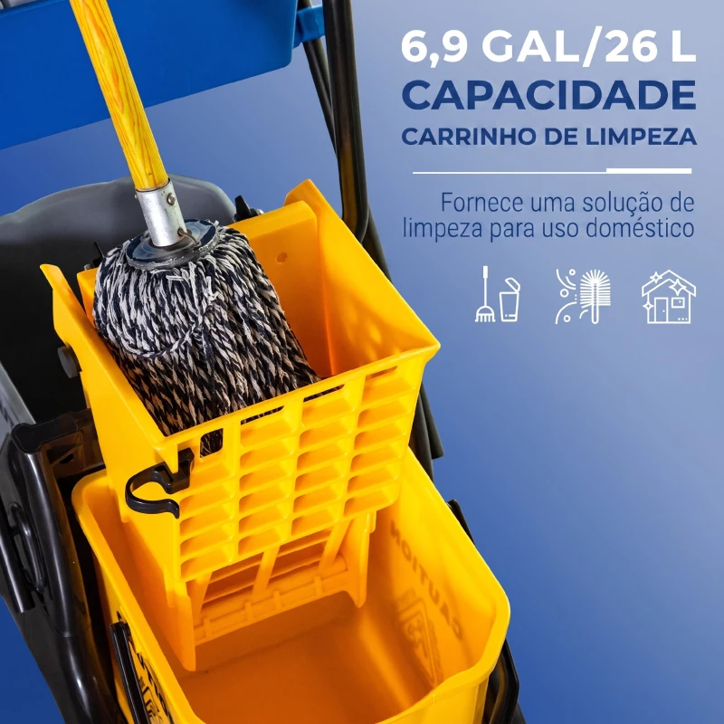 HOMCOM Balde de Esfregona 26 L com Rodas, Sistema de Espremedor, Asa de Transporte e Duplo Compartimento 78x45x95 cm Multicolor
