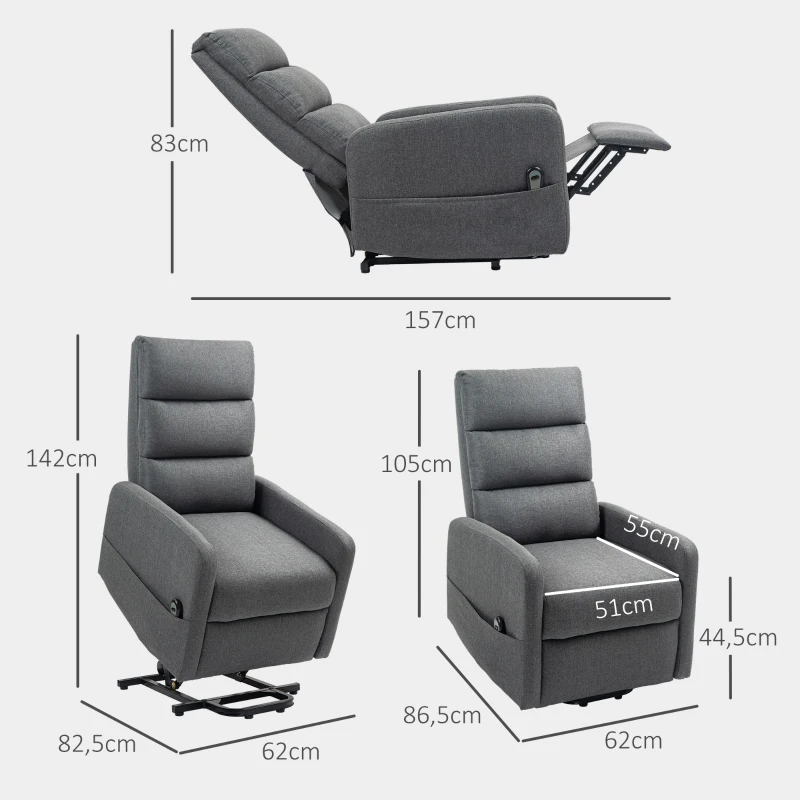 HOMCOM Elektrische Relaxstoel met Opstaanhulp, Afstandsbediening, Zacht Schuim, Zijvak, Bekleding in Linnenlook, Grijs