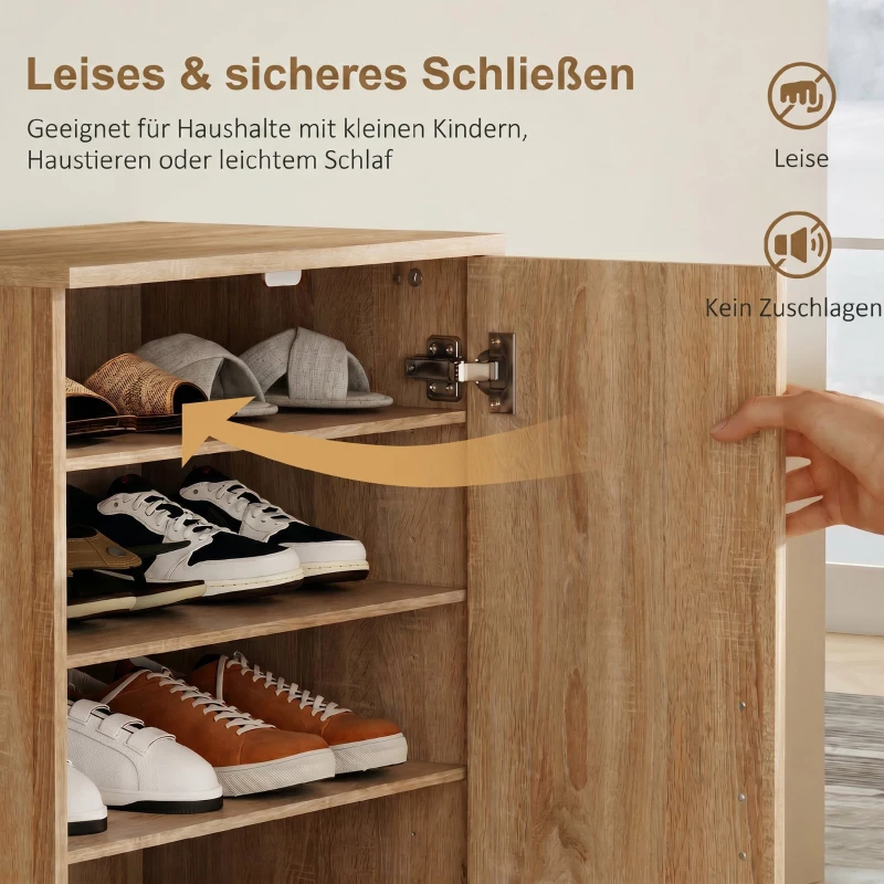 HOMCOM Schuhschrank mit 2 Türen, 6 verstellbare Regalböden, Soft-Close-Scharniere für 14 Paar Schuhe, Naturholz