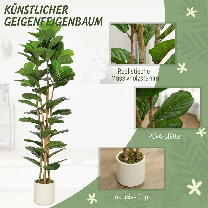 HOMCOM Künstlicher Geigenfeigenbaum Kunstpflanze mit 91 Blättern, Massivholzstamm, Topf, 55 x 55 x 180 cm, Grün