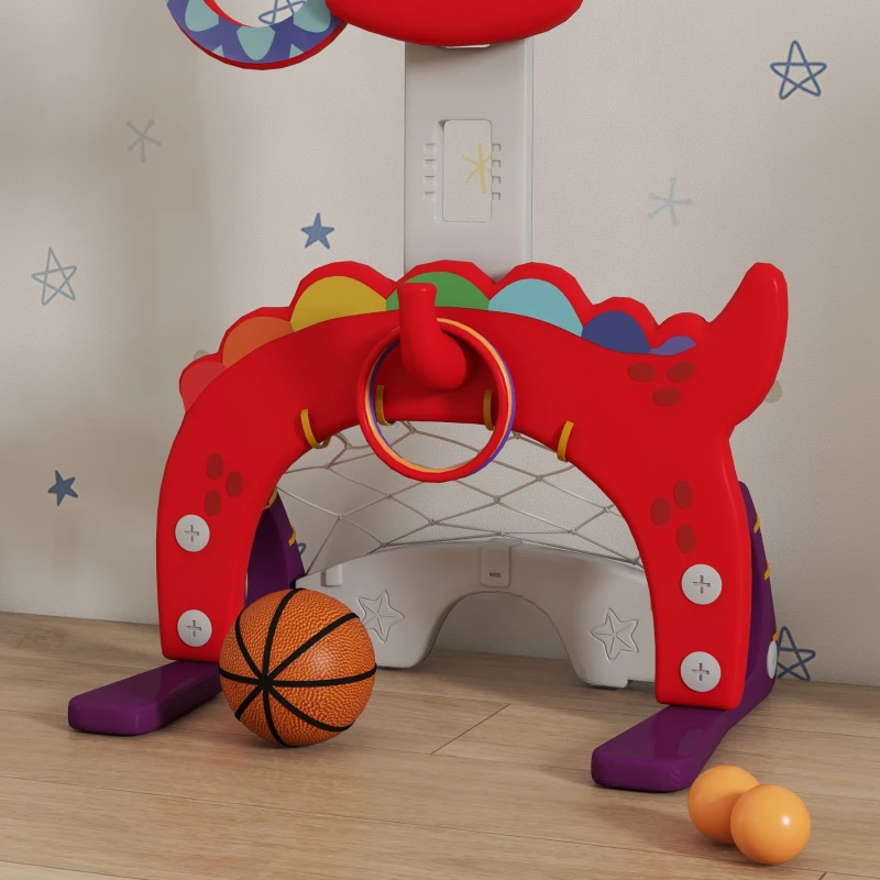 AIYAPLAY 5-in-1 Dinosaur Basketball Set with Adjustable Basketball Stand and Golf Game, Indoor for Boys Girls, Red
