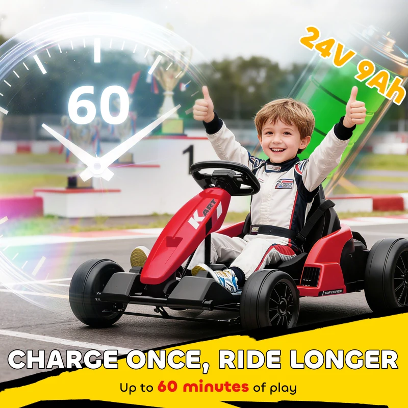 AIYAPLAY 24V Electric Go Kart, Drift Kart with Adjustable Seat, Slow Start, 5-Point Harness, Music, for 6-12 Years, Red