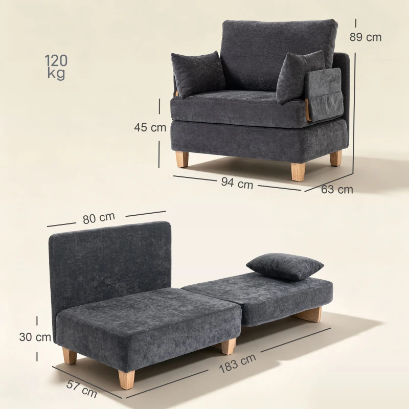 HOMCOM Fotel z funkcją spania 2-w-1 z funkcją łóżka, sofa rozkładana z 2 zmywalnymi poduszkami, boczne kieszenie do salonu, sypialni