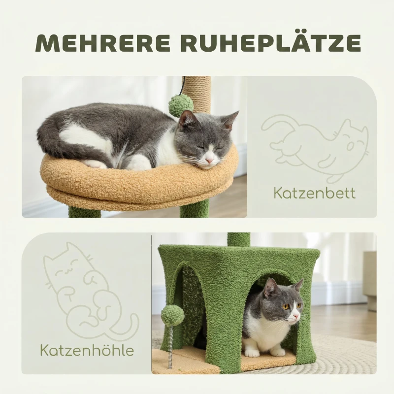 PawHut Kratzbaum 98 cm hoch Katzenbaum mit Höhle, Katzenbett Blätter-Design, Jutestämme, 2 Spielbälle für Katzen unter 5 kg