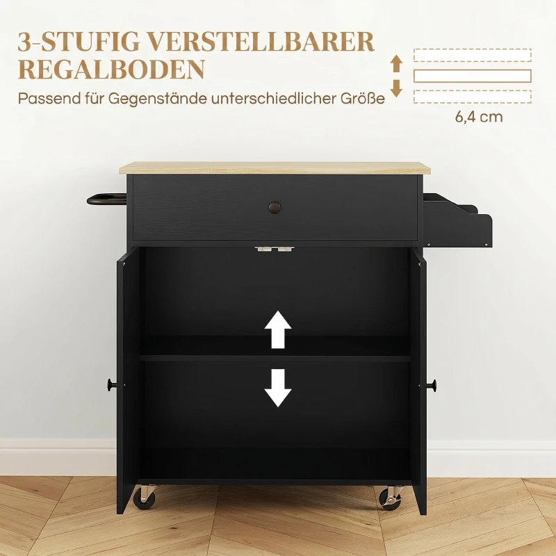 HOMCOM Keukenwagen met lade, kastvak, handdoekhouder, 106 x 42 x 87 cm, Zwart/Eik