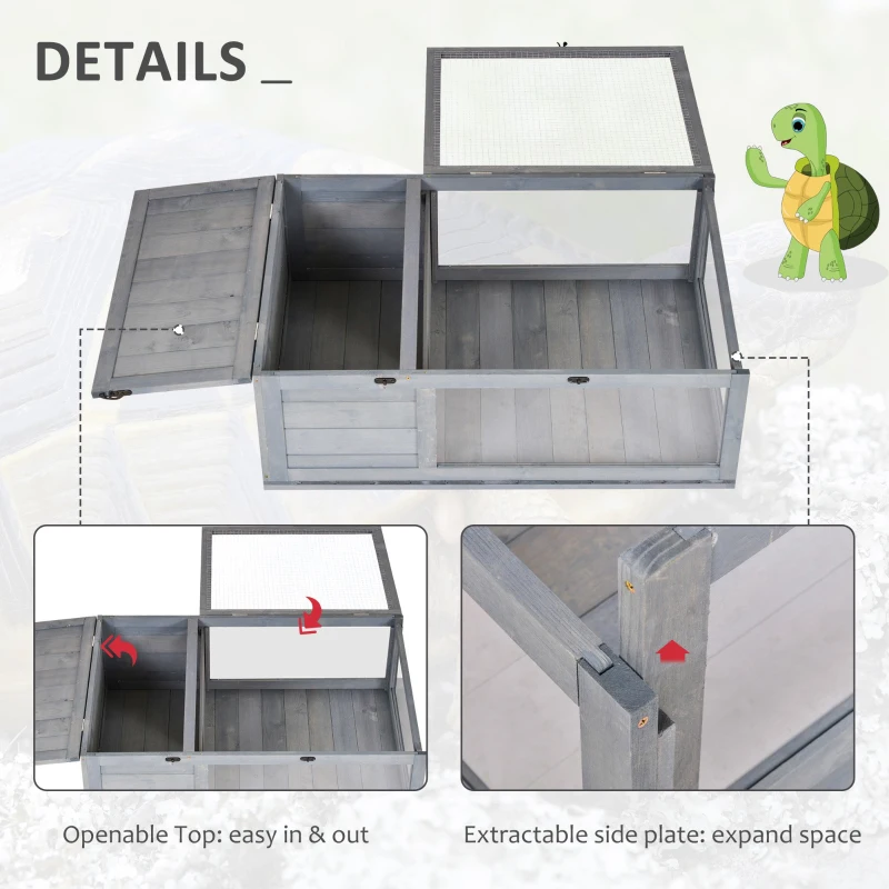 PawHut Casa per Tartarughe di Terra in Legno di Abete con Pannello Apribile e 2 Spazi Separati, Grigio