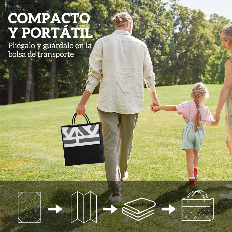 Outsunny Alfombra de Exterior Reversible 182x274 cm con Patrón Geométrico de Cenefa Impermeable con Bolsa Gris y Blanco