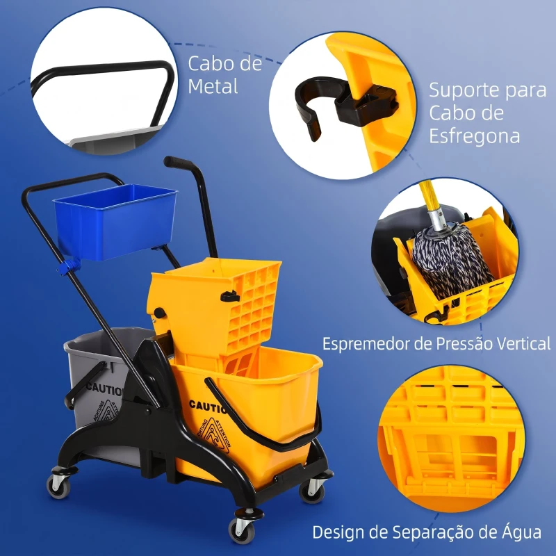 HOMCOM Balde de Esfregona 26 L com Rodas, Sistema de Espremedor, Asa de Transporte e Duplo Compartimento 78x45x95 cm Multicolor