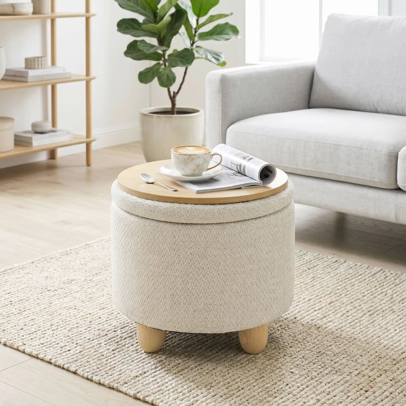 HOMCOM Hocker mit Stauraum, Runder Sitzhocker mit Deckel, Leinenoptik für Wohnzimmer, Schlafzimmer, 38,5x38,5x33,5 cm Beige