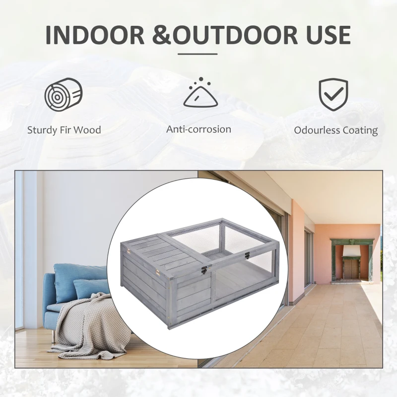 PawHut Casa per Tartarughe di Terra in Legno di Abete con Pannello Apribile e 2 Spazi Separati, Grigio