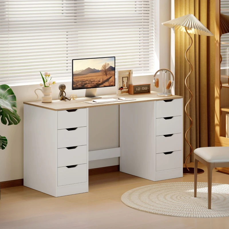 HOMCOM 140 cm Computertisch, 8 Schubladen, Schreibtisch für Homeoffice, Schlafzimmer, Stahl, Holz, Weiß
