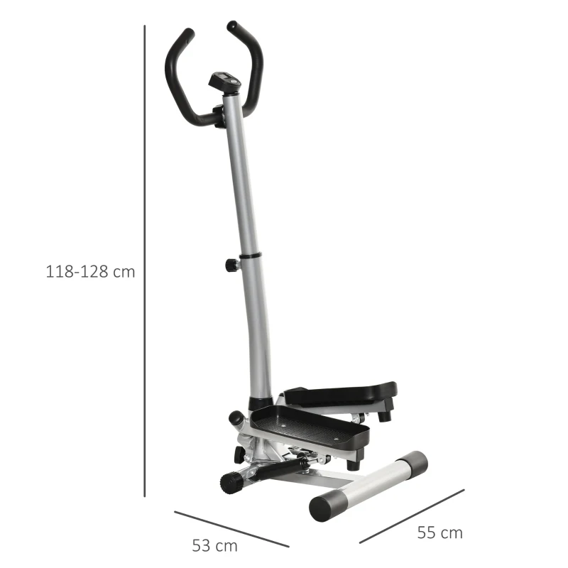 HOMCOM stepper met handvat fitness hometrainer voor thuis, klein fitnessapparaat voor been- en bodemtraining met LCD-scherm, instelbare snelheid Metaal ABS Zwart + Zilver 55 x 53 x 118-128 cm(m-3)