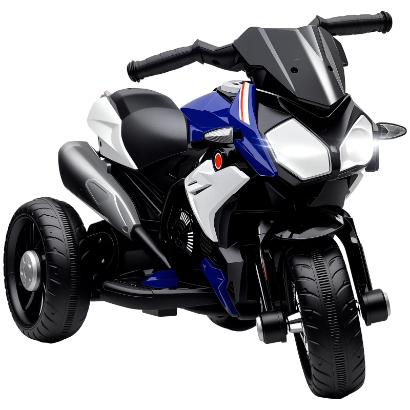 HOMCOM Elektrische kindermotorfiets, verlichting & geluiden, 3 km/u, oplaadbaar, kunststof & metaal, Blauw/Wit