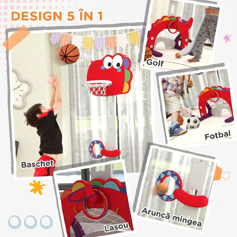 AIYAPLAY 5-in-1 Dinosaur Basketball Set with Adjustable Basketball Stand and Golf Game, Indoor for Boys Girls, Red