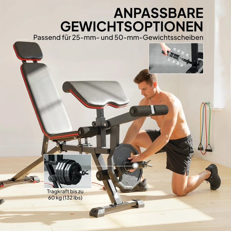 SPORTNOW Verstelbare halterbank tot 300 kg 3-in-1 trainingsbank met wieltjes Beentrainer Curlbank hoofdsteun weerstandsbanden