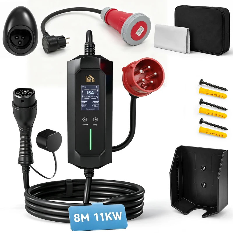 HOMCOM Mobiele Wallbox 11kW 8m Type 2 6–16 A 3-fase laadkabel CEE 16A naar Type 2 met instelbaar laadvermogen starttijdvoorinstelling