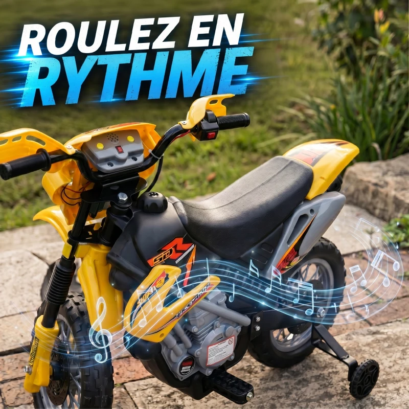 HOMCOM Moto électrique enfants, moto cross pour enfants avec batterie 6 V, phares, musiques et roues d'entraînement, 3 à 6 ans, charge 25KG, jaune et noir