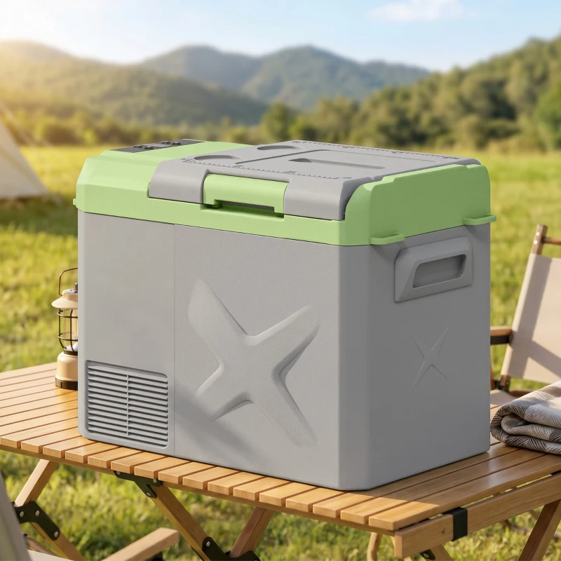Outsunny 24,2 liter campingkoelkast, autokoelkast, koelbox met LED-licht, AC- en DC-adapter, stille werking, Grijs+Groen