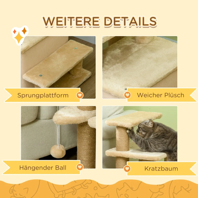 PawHut Huisdierentrap, Krabpaal, 4 treden, Speelbal, Huisje, Verstelbaar in hoogte, 60 x 40 x 66 cm, Beige(m-6)