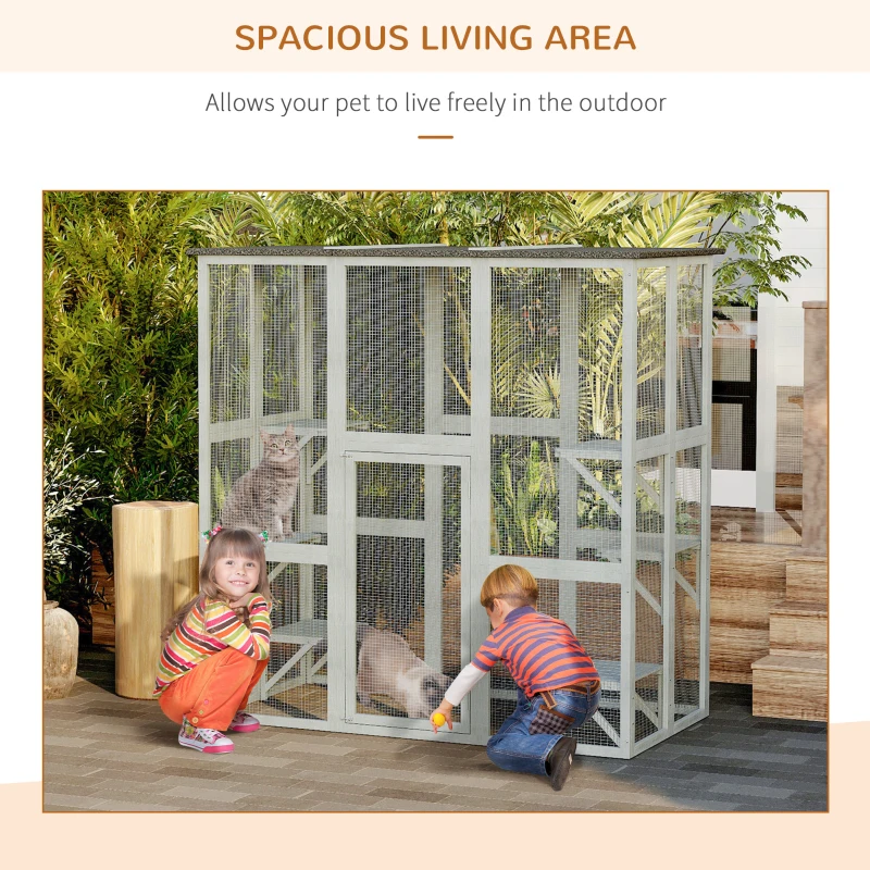 PawHut Wooden Catio Cat Outdoor Enclosure, Cat Cage with Waterproof Roof, Platforms, for Multiple Kittens, 180 x 98 x 180 cm