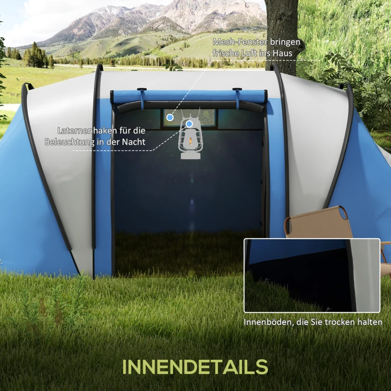 Outsunny 4-5 Persoons Campingtent Waterafstotend Blauw Familie Tent met Drie Compartimenten en Zijdeur