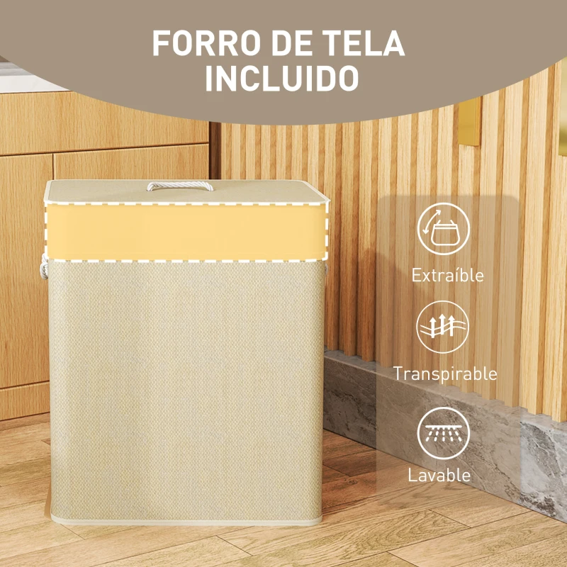 HOMCOM Cesto de Ropa Sucia de Bambú con 2 Compartimentos Asas para Facilitar el Uso y Bolsas Desmontables Lavables 52x32x63 cm