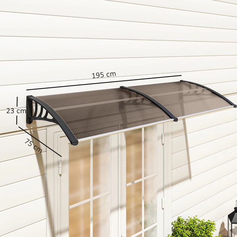 Outsunny Auvent de porte d'entrée, toit marquise de porte exterieur en polycarbonate et profil aluminium résistante toit abri protection contre la pluie et UV pour terrasse, balcon, 195x75cm, marron