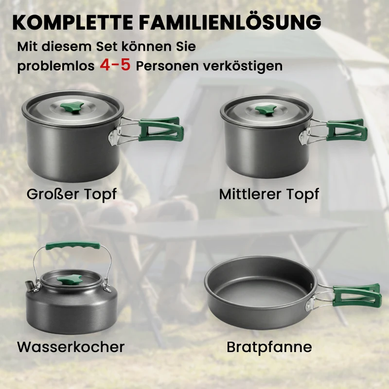 Outsunny Camping kookset 5-delig outdoor serviesset met anti-verbrandingsgrepen pan koekenpan voor 4-5 personen grijs