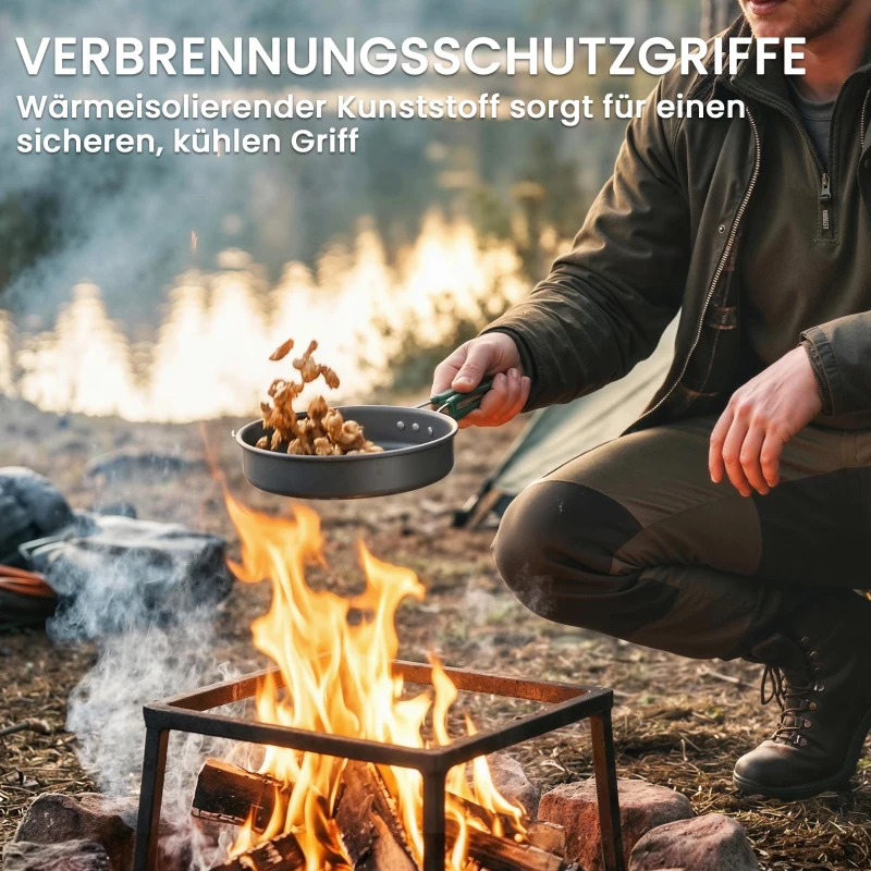 Outsunny Camping Kookset 8-delige Outdoor Servies Set met Anti-verbrandingsgrepen, snel verwarmende pan, koekenpan Grijs