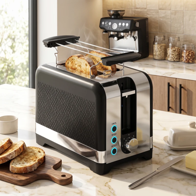 HOMCOM 2-Scheiben-Toaster mit 7 Bräunungsstufen, Aufwärm-/Auftau-/Abbruchfunktionen, Wärmerost, 930 W